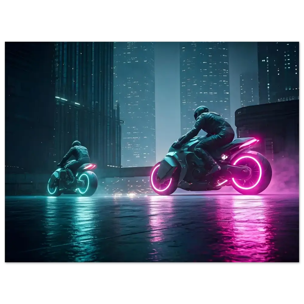 Futuristic neon motorcycles displayed as Aluminum Print in Neon Velocity Cyberpunk Showdown