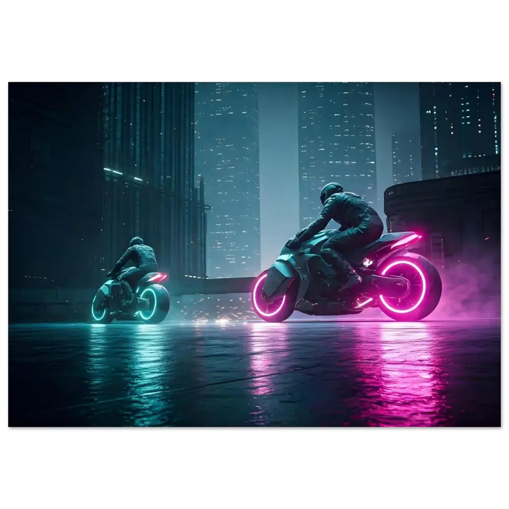 Futuristic neon motorcycles displayed on Neon Velocity Cyberpunk Showdown Aluminum Print