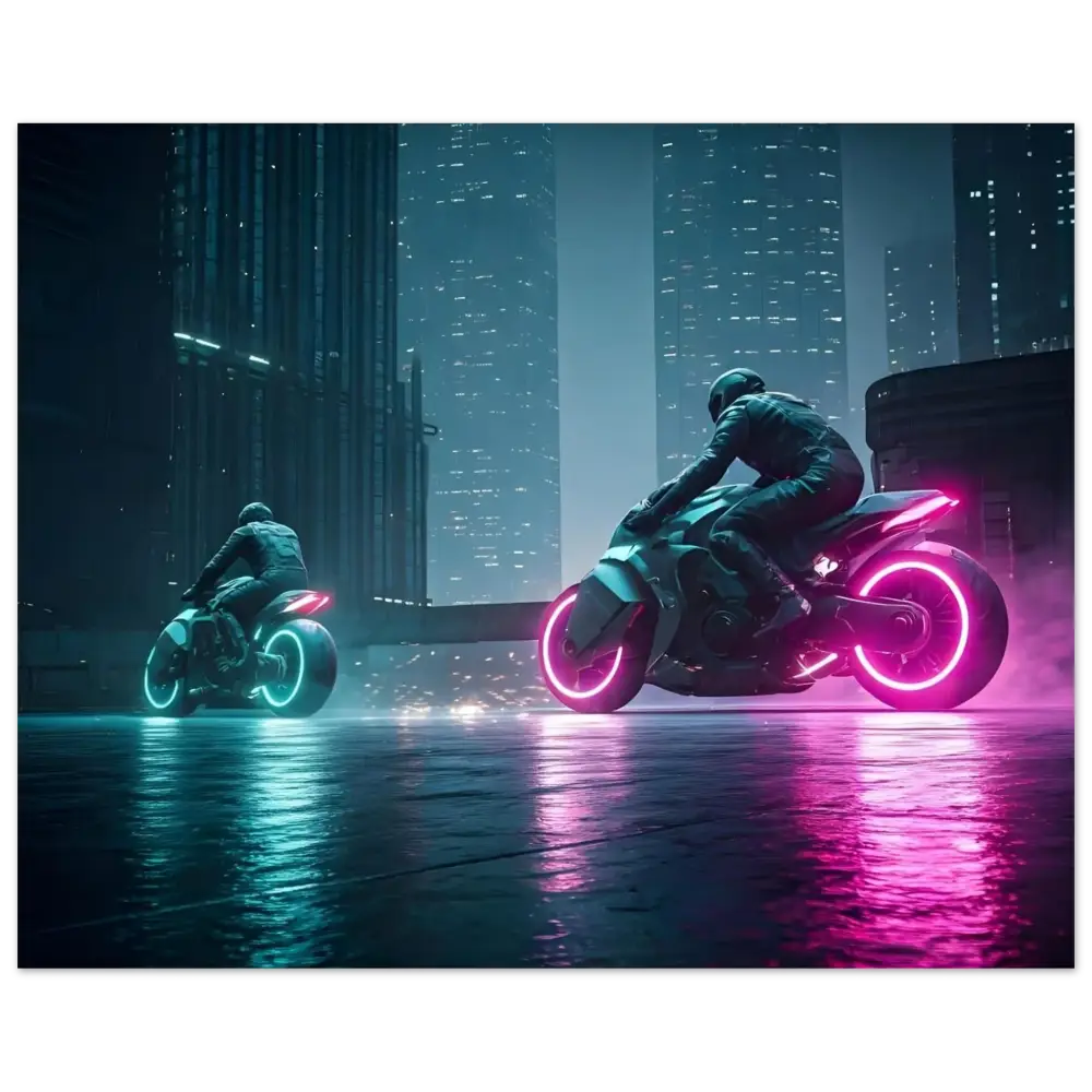 Futuristic neon motorcycles displayed in Neon Velocity Cyberpunk Showdown aluminum print