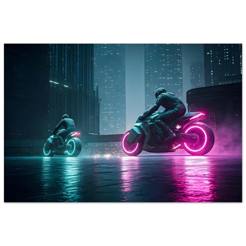 Futuristic neon motorcycles displayed as Aluminum Print in Neon Velocity Cyberpunk Showdown
