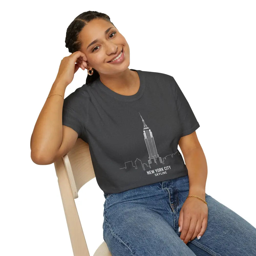 Woman wearing dark gray New York City Skyline T-Shirt with blue jeans, machine wash friendly