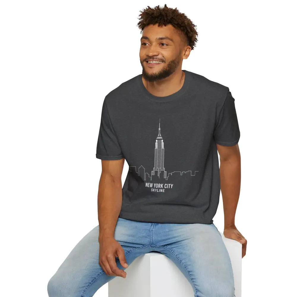 Men’s dark gray NYC Skyline T-Shirt with white Empire State Building graphic, machine wash safe