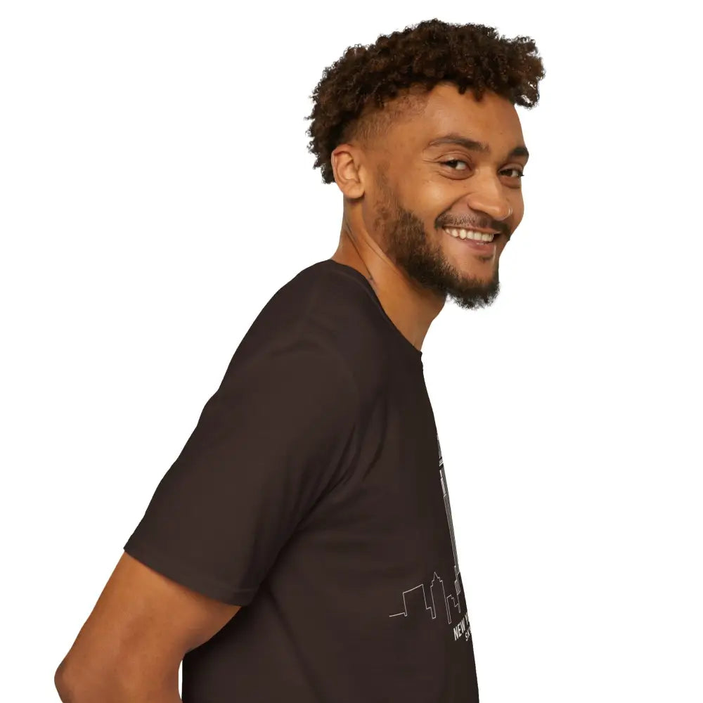 Man with curly hair and beard wearing New York City Skyline T-Shirt, machine wash tumble dry