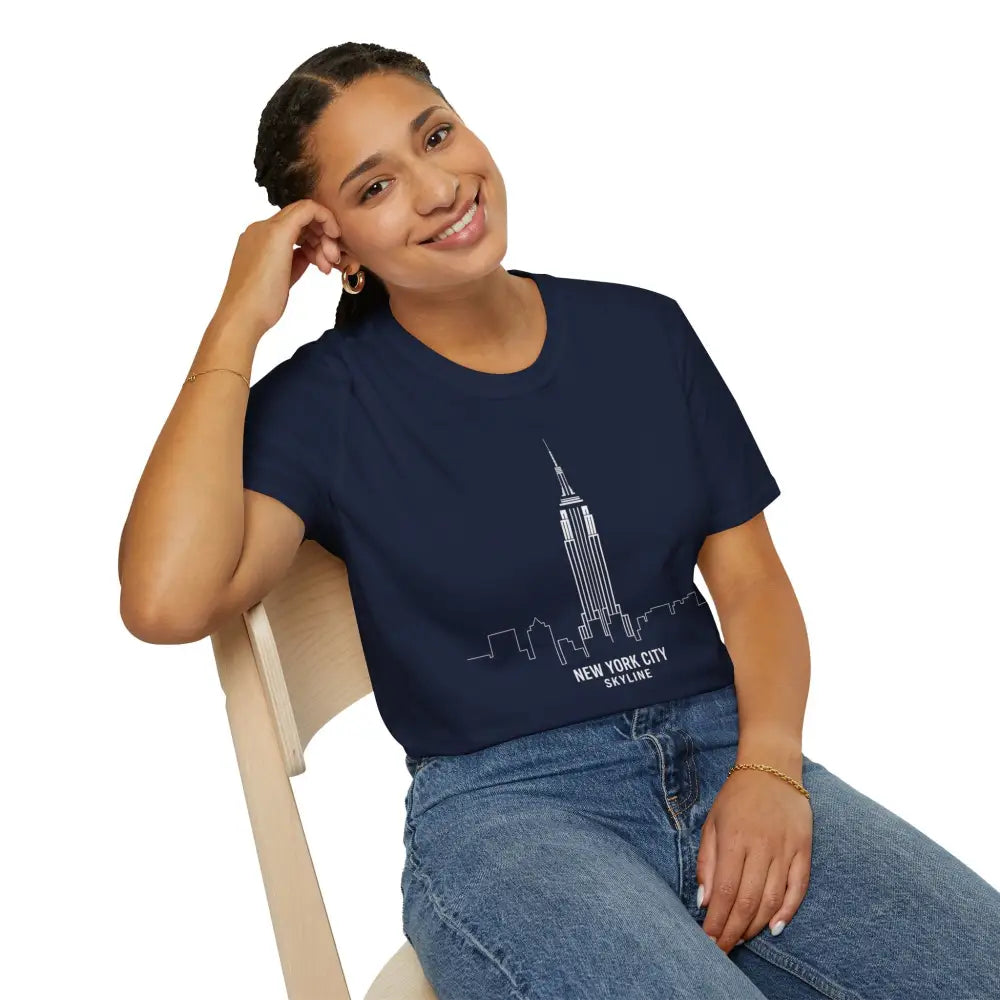 Woman in dark blue NYC skyline T-shirt, machine wash, tumble dry, low heat friendly
