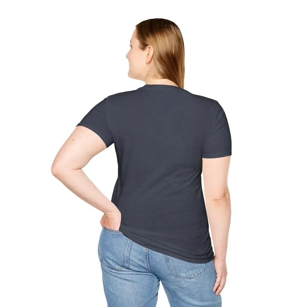 Woman with reddish-brown hair wearing a unisex softstyle t-shirt with ribbed knit collar and classic fit