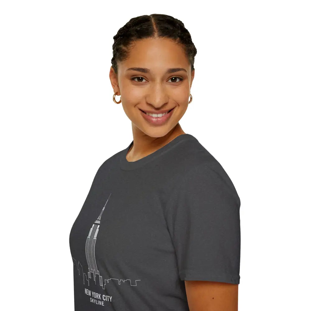 Woman wearing a dark grey New York City Skyline T-Shirt with cool graphic design, machine washable