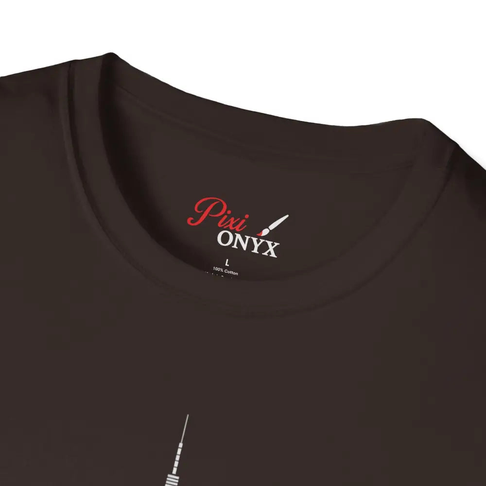 Dark brown crew-neck T-shirt with brand label, suitable for machine wash and tumble dry