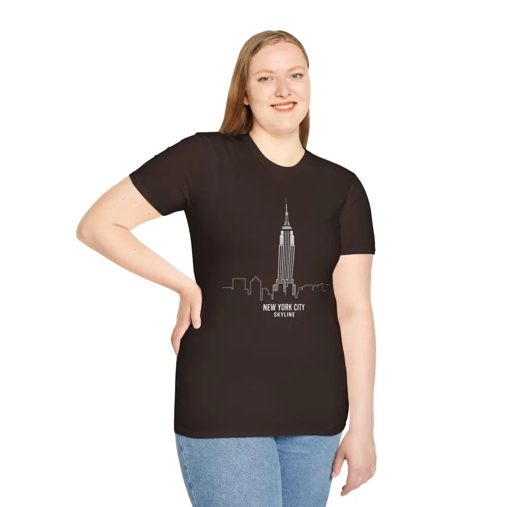 Woman wearing a black New York City Skyline T-Shirt with cool urban graphic, machine washable
