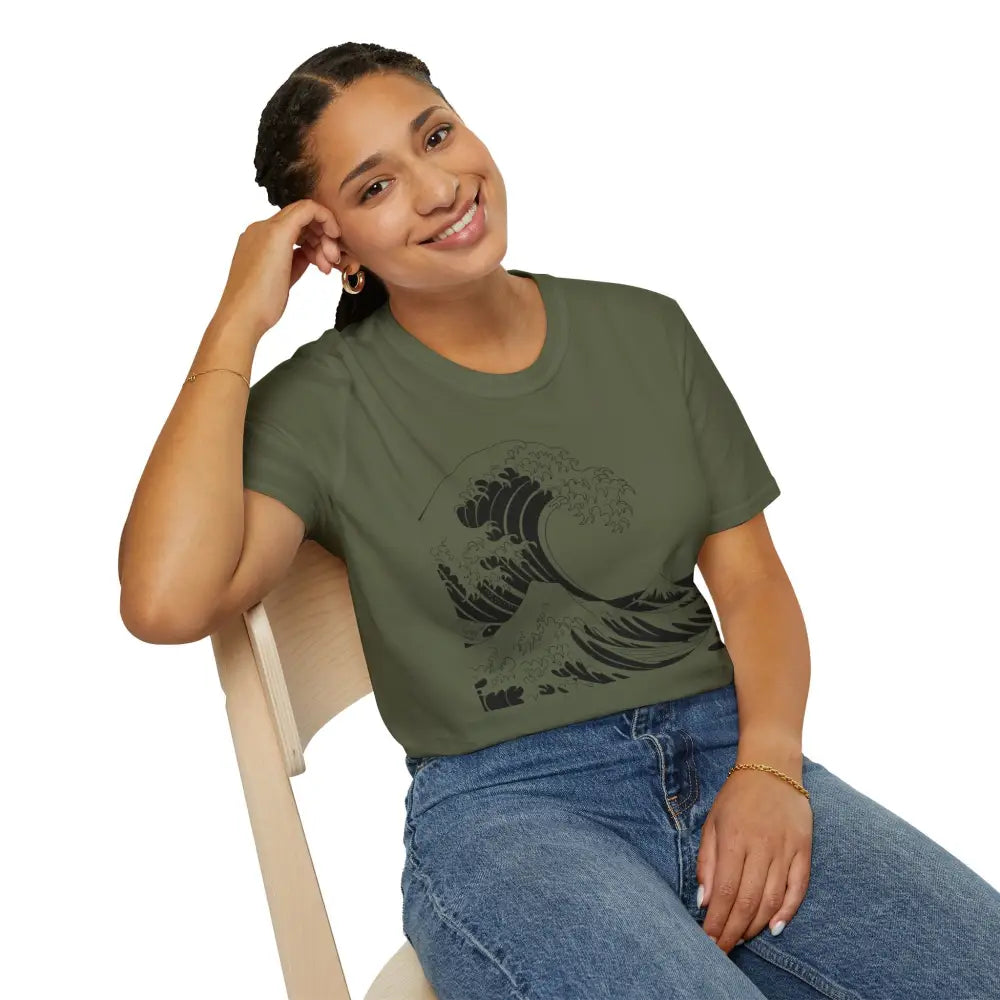 Smiling woman in dark olive green unisex t-shirt with highly elastic ribbed fabric, relaxed fit