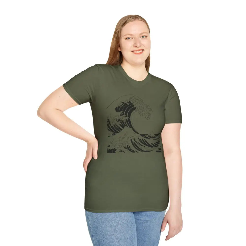 Olive green unisex t-shirt with black wave design, highly elastic ribbed, summer casual wear