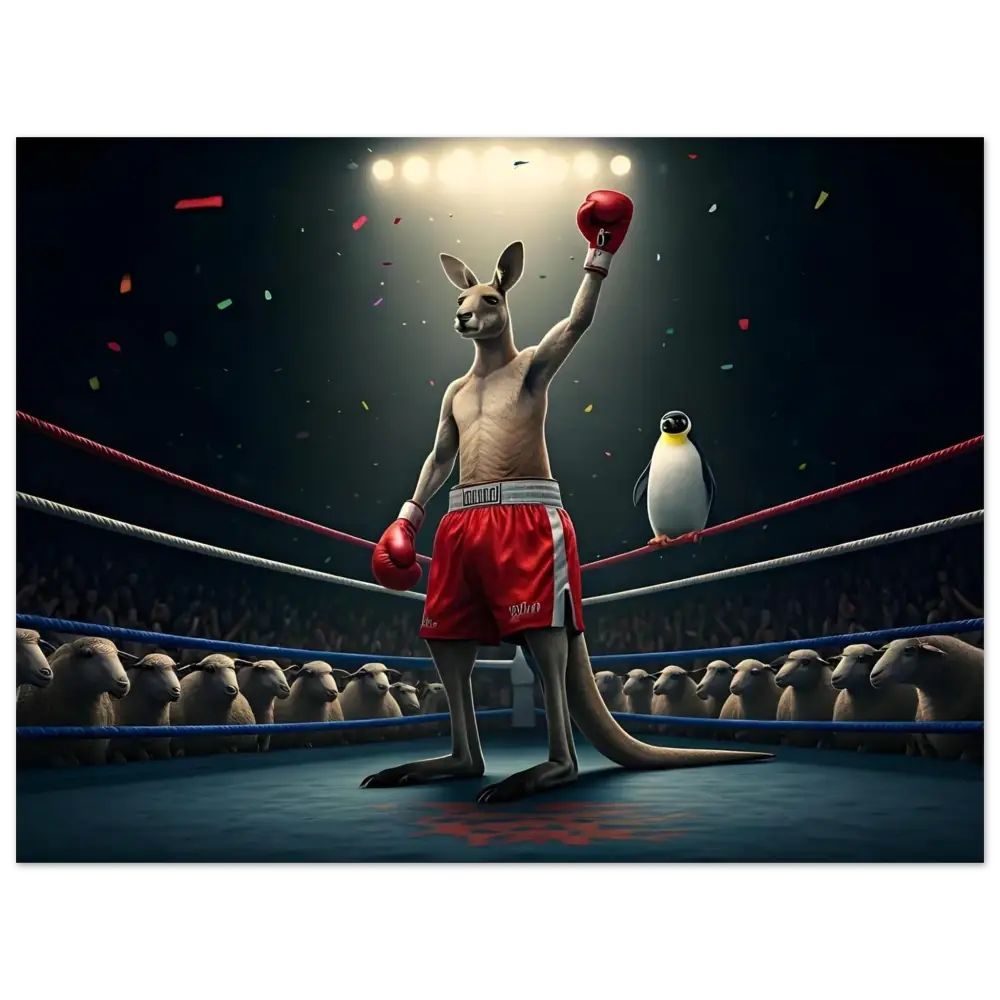 Victorious kangaroo boxer displayed on Outback Undisputed Aluminum Print by PixiOnyx