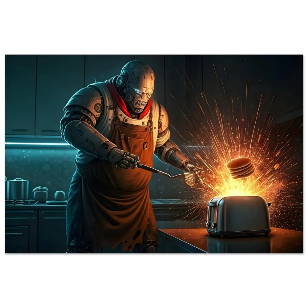 Robot chef with exploding toaster on Pancake Protocol Aluminum Print by PixiOnyx