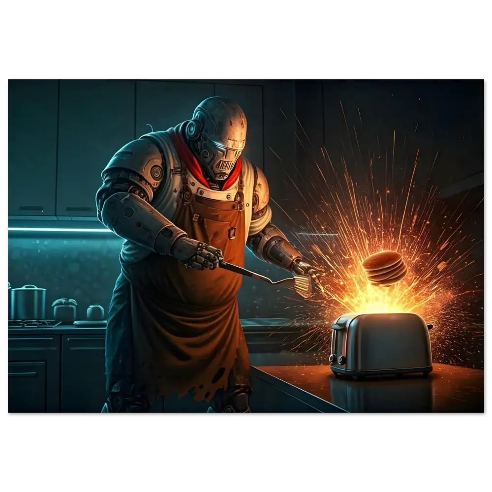 Robot chef with exploding toaster on Pancake Protocol Breakfast Uprising aluminum print