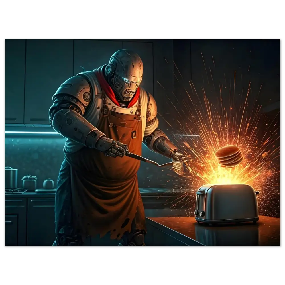 Robot chef flipping pancakes over a toaster on aluminum print in Pancake Protocol Breakfast Uprising display