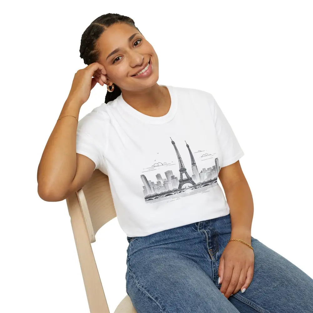 White short-sleeve Paris Skyline Graphic T-Shirt with ribbed collar retains style and shoulder tape stabilizes fit