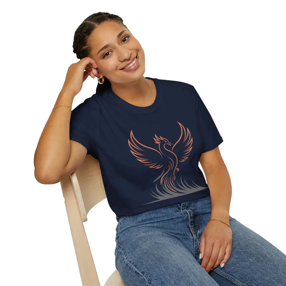 Woman in dark blue Phoenix Rising T-Shirt with elastic ribbed knit and shoulder tape stabilizes