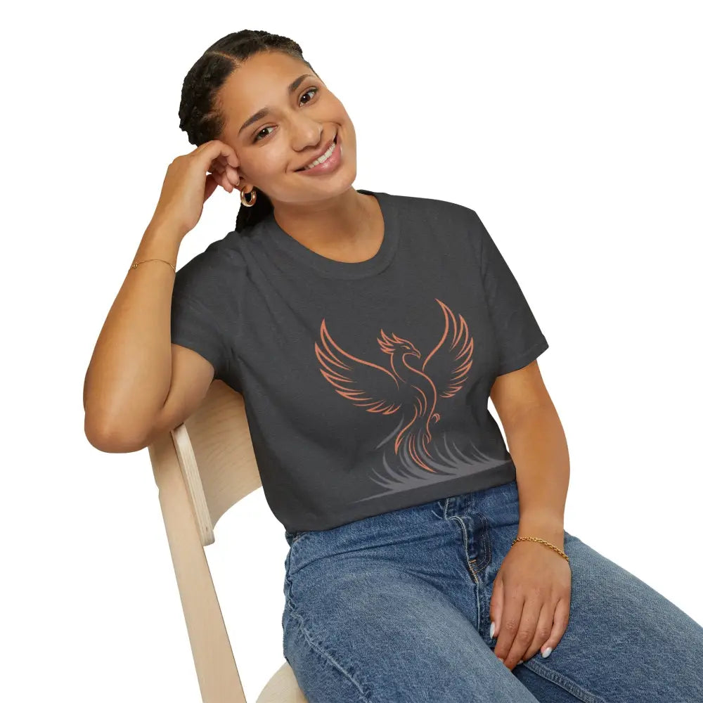 Woman wearing Phoenix Rising unisex softstyle t-shirt with elastic ribbed knit and shoulder tape stabilizes