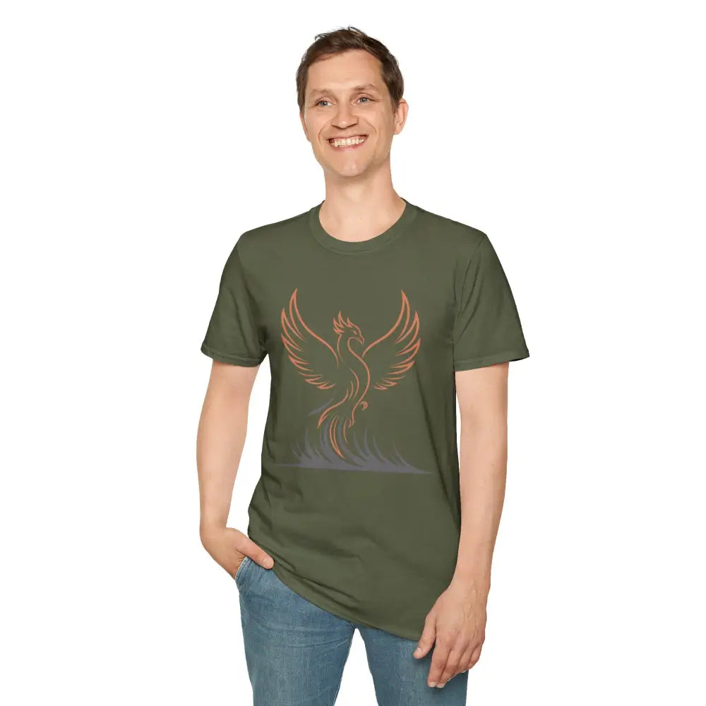 Man in green Phoenix Rising T-Shirt with elastic ribbed knit and shoulder tape stabilizes