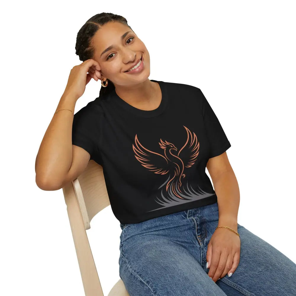 Black Phoenix Rising T-Shirt with stylized phoenix design, elastic ribbed knit, shoulder tape