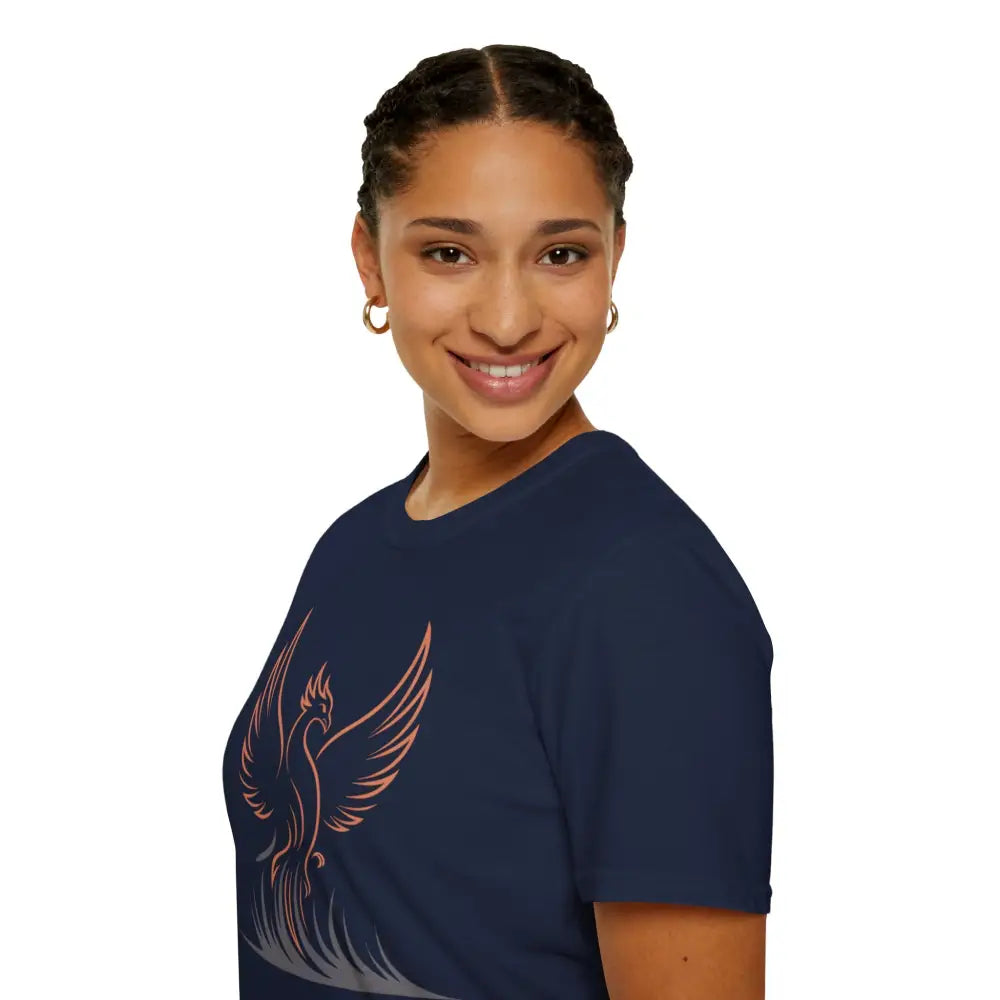 Smiling woman wearing navy blue Phoenix Rising T-Shirt with elastic ribbed knit and shoulder tape