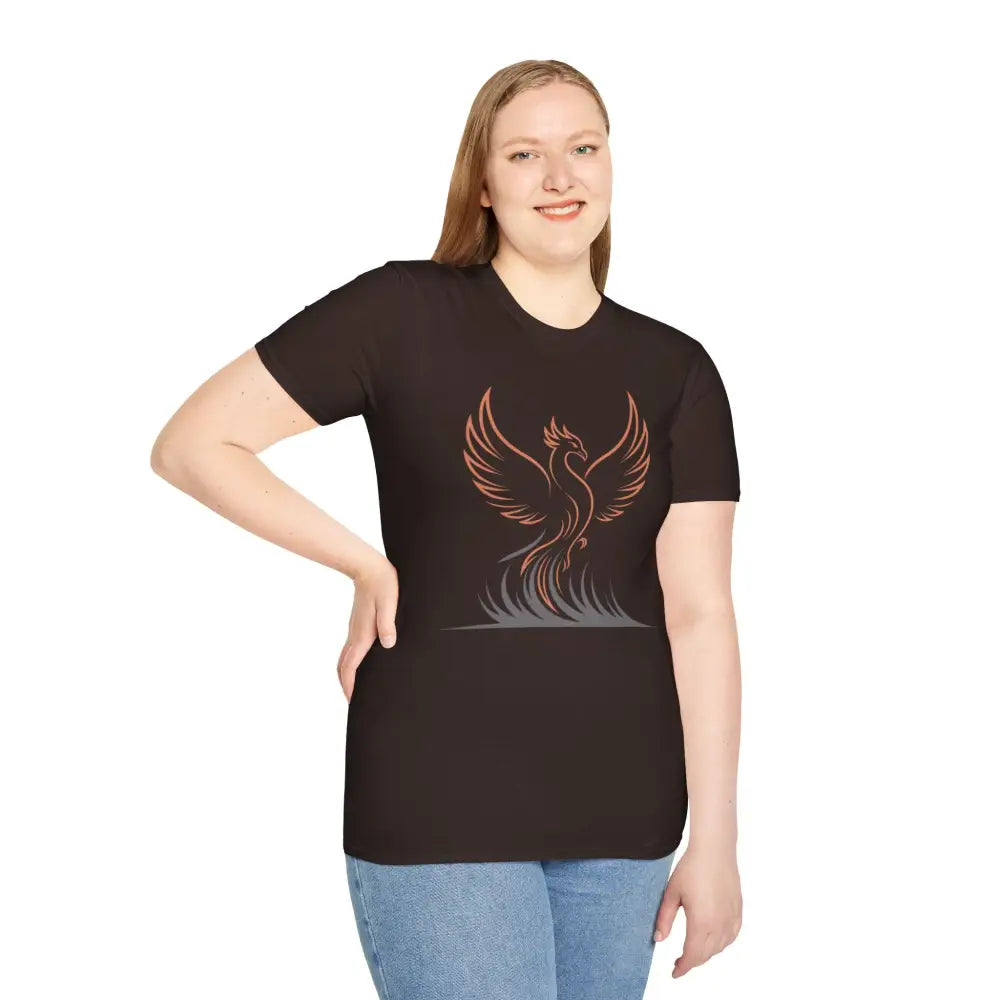 Woman in black Phoenix graphic T-shirt with elastic ribbed knit and shoulder tape stabilizes