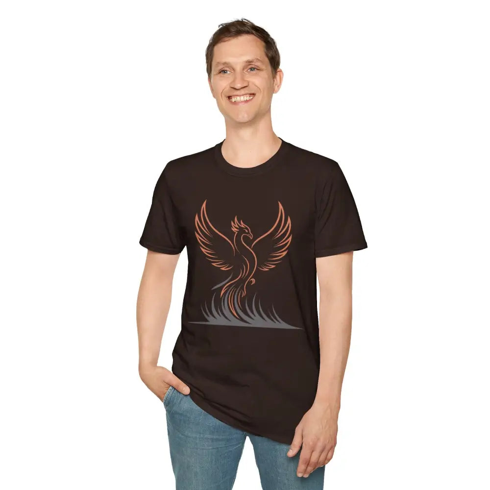 Black Phoenix Rising unisex T-shirt with red and grey phoenix design, elastic ribbed knit