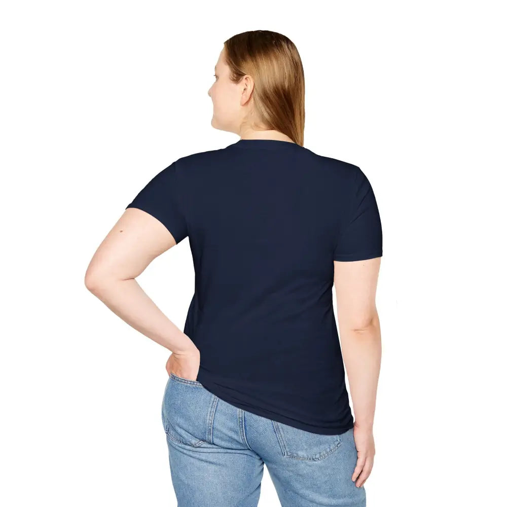 Navy blue unisex t-shirt with elastic ribbed knit and shoulder tape stabilizes, eco-friendly design