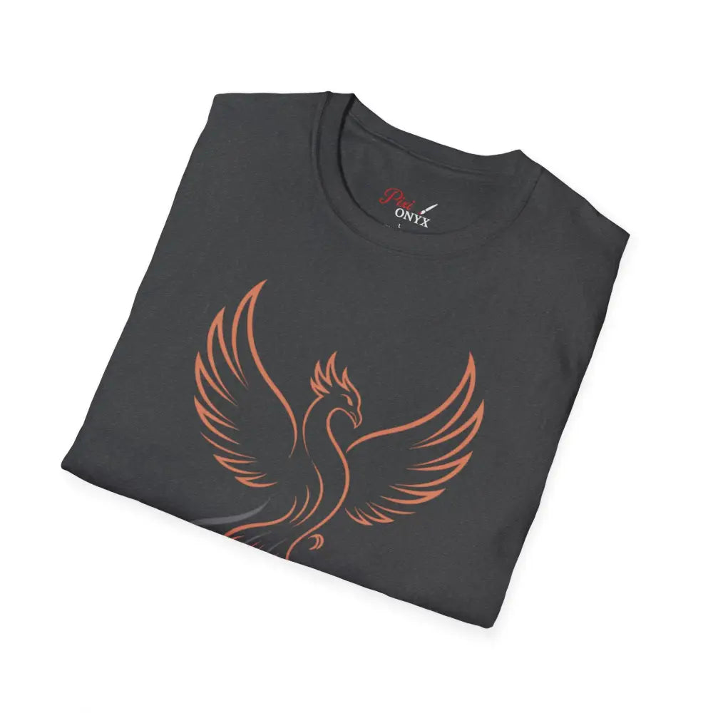 Dark grey Phoenix Rising unisex T-shirt with orange phoenix design, elastic ribbed knit, shoulder tape stabilizes