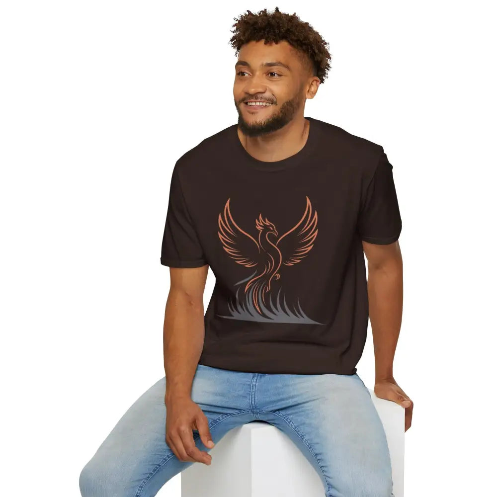 Dark brown Phoenix Rising T-Shirt with graphic design, elastic ribbed knit, shoulder tape stabilizes