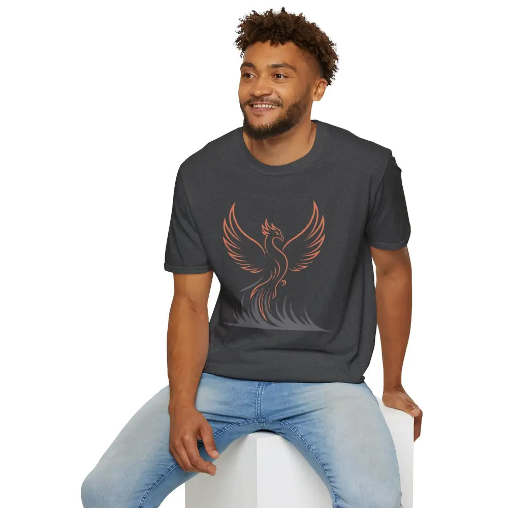 Dark grey Phoenix Rising T-Shirt with red phoenix design, elastic ribbed knit, shoulder tape stabilizes