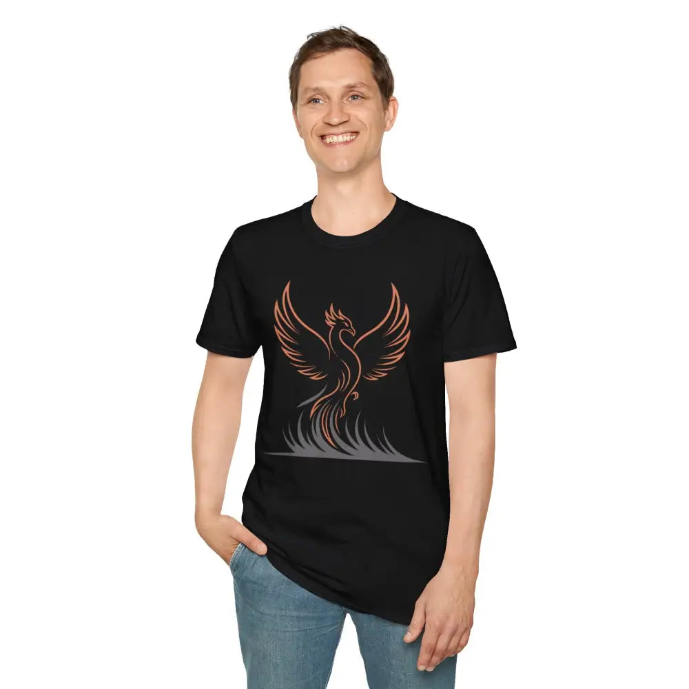 Man wearing Phoenix Rising Unisex Softstyle T-Shirt with reduced fabric waste and elastic ribbed knit
