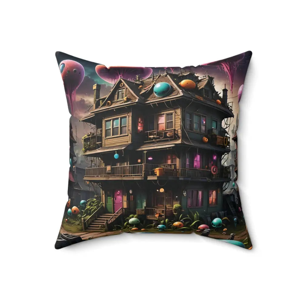Square pillow with whimsical house design from PixiOnyx Psychedelic Forest Cushion collection