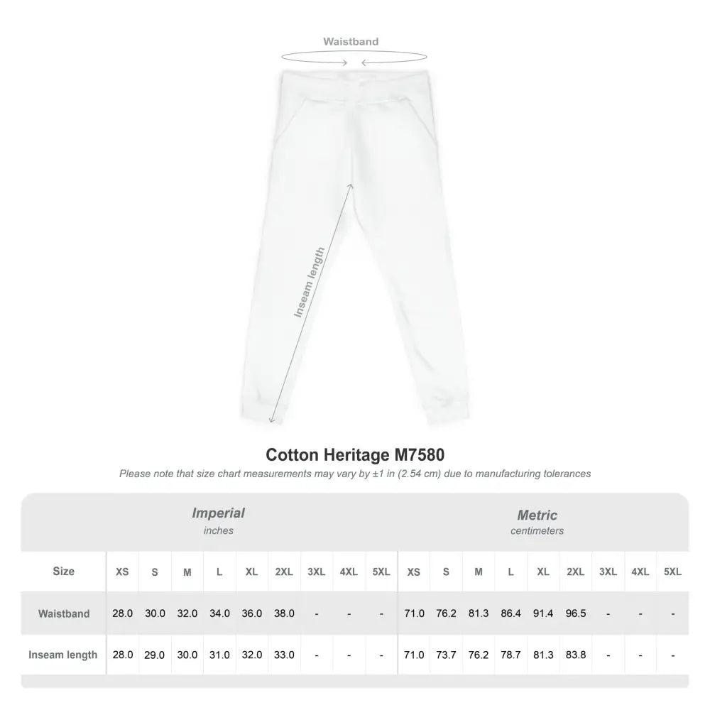 White cozy unisex fleece sweatpants with size chart for relaxed home and outdoor wear