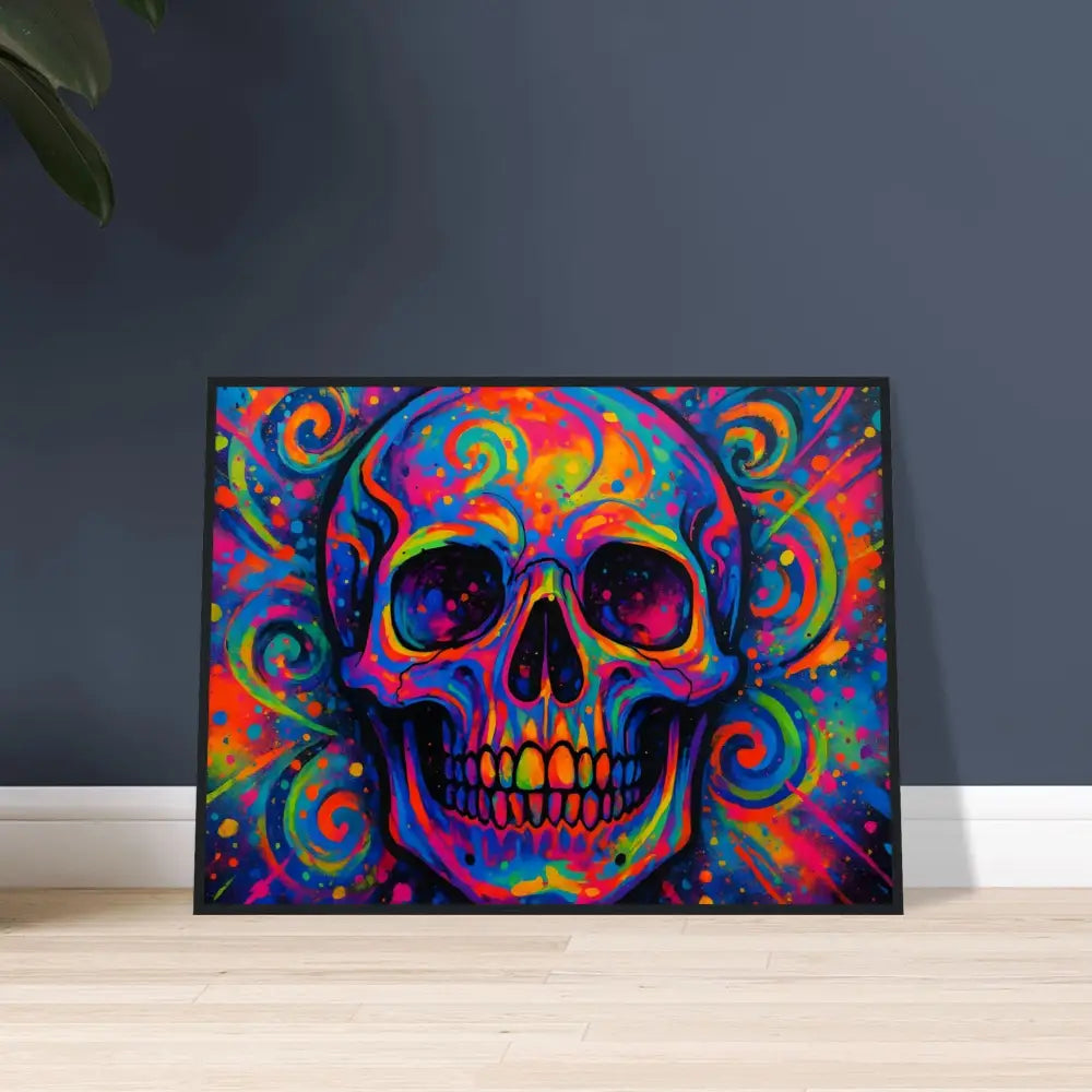 Colorful skull art print framed poster Psychedelic Skull Eruption PixiOnyx Electric Elegance