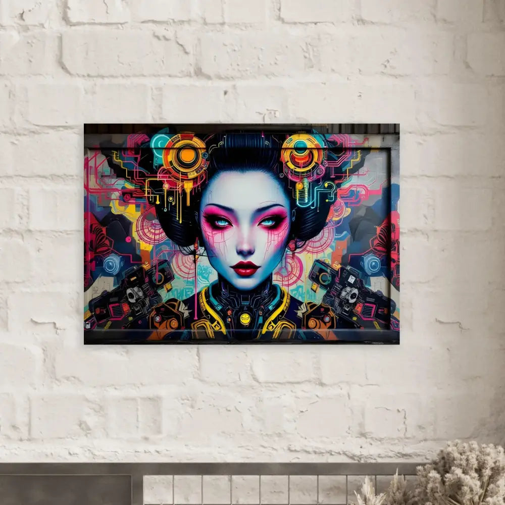 Cyberpunk Geisha art print displayed in a wooden framed poster on Premium Matte Paper