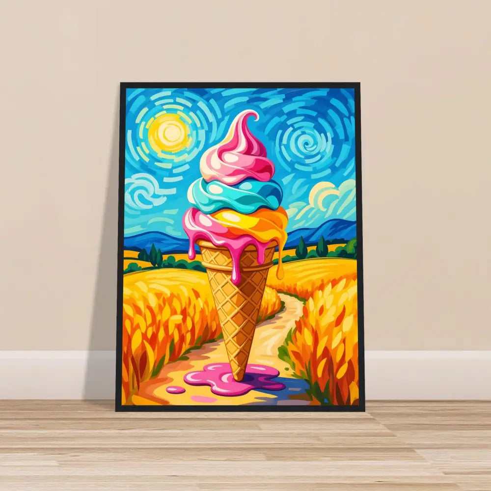 Framed ice cream cone painting displayed in Premium Wooden Framed Poster Sunlit Swirl of Pastoral Chaos