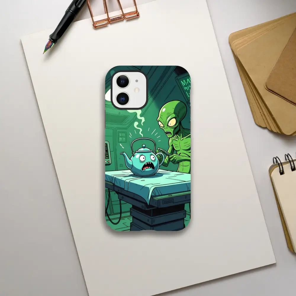 Cartoon alien abduction phone case featuring Probe Protocol Alien Teapot Scene for iPhone