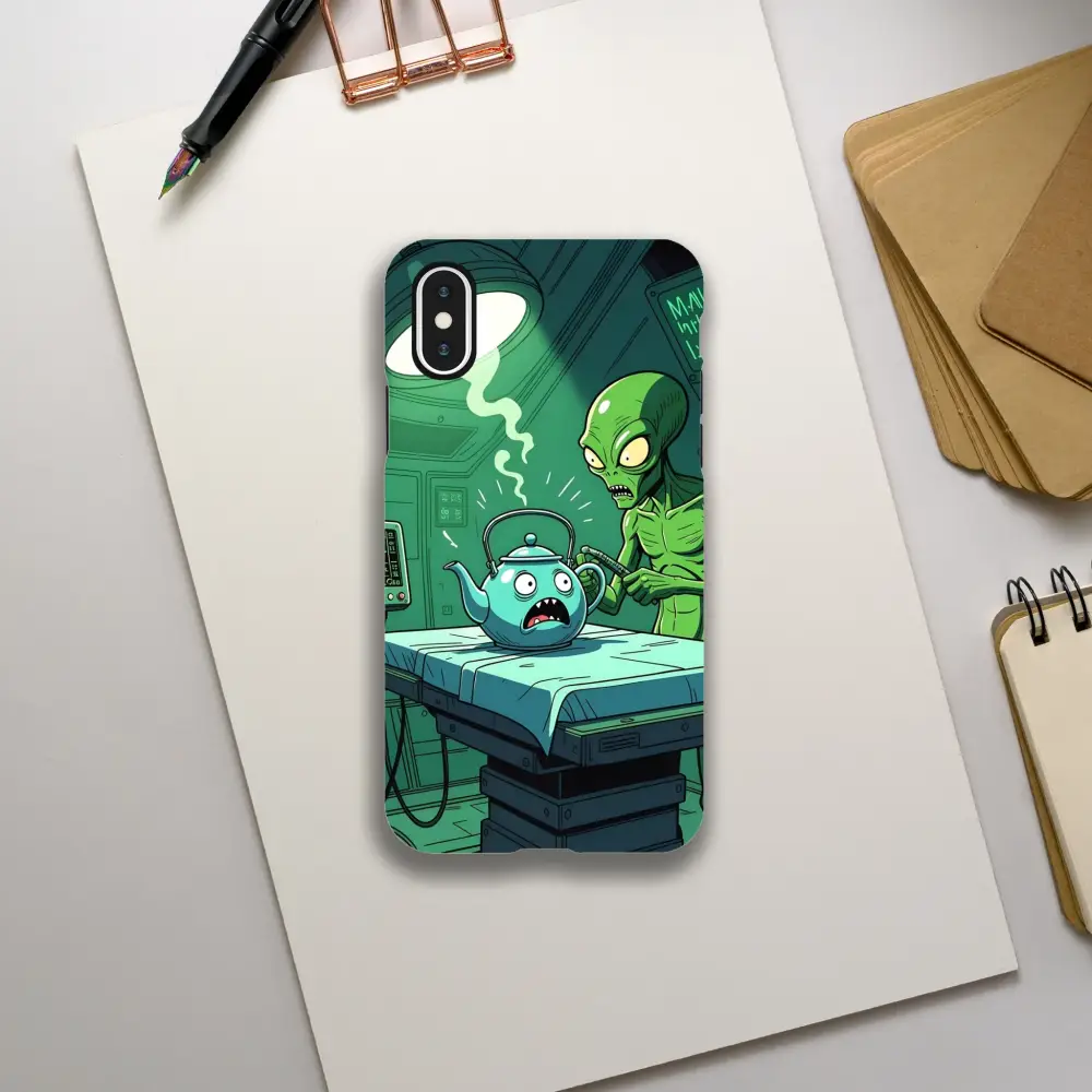 Cartoon alien abduction phone case featuring alien and spaceship design for iPhone