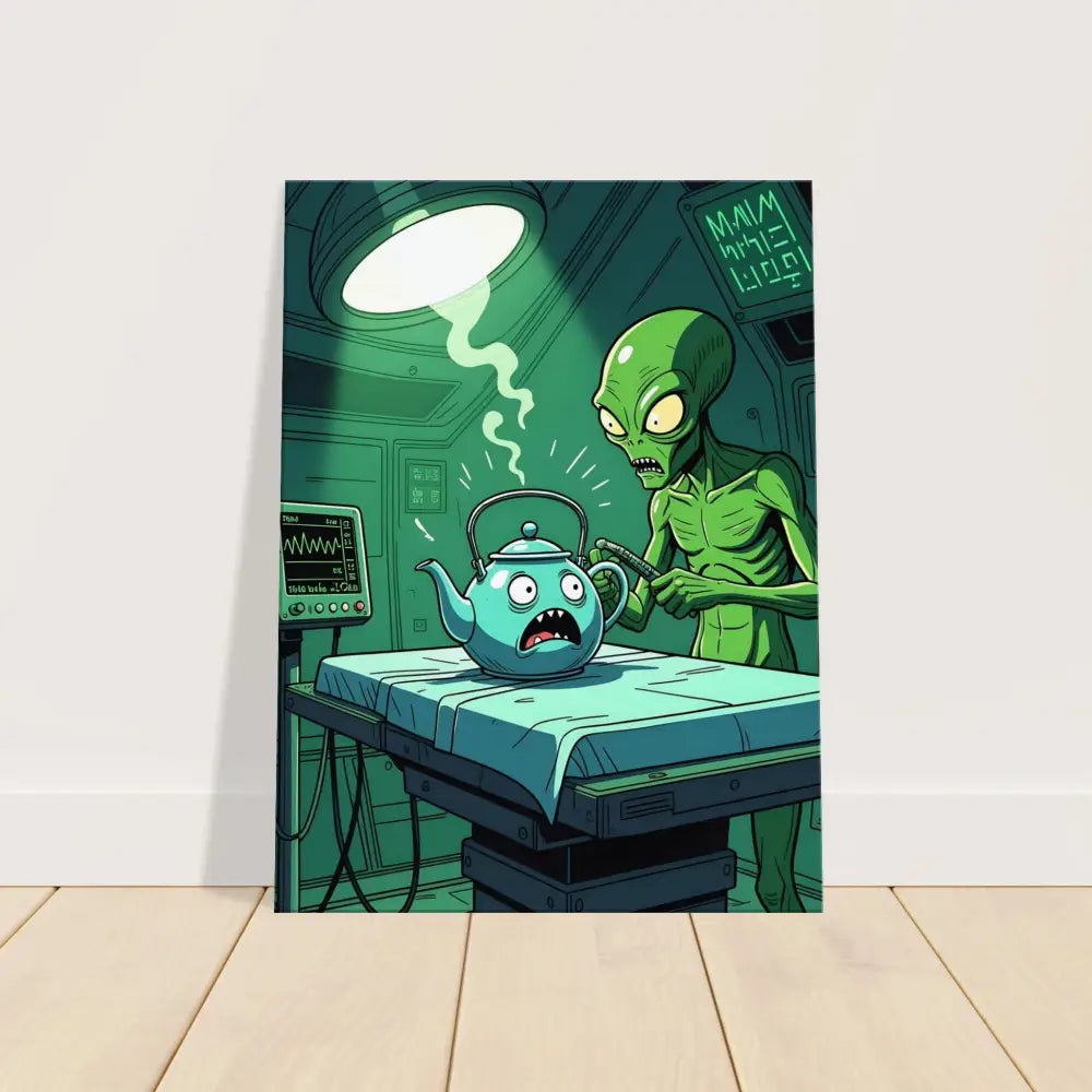 Cartoon alien examining a teapot on Probe Protocol Canvas Tea Time Terror PixiOnyx Wall Art