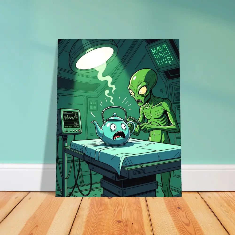 Cartoon alien examining a teapot for Probe Protocol Poster Intergalactic Checkup PixiOnyx art