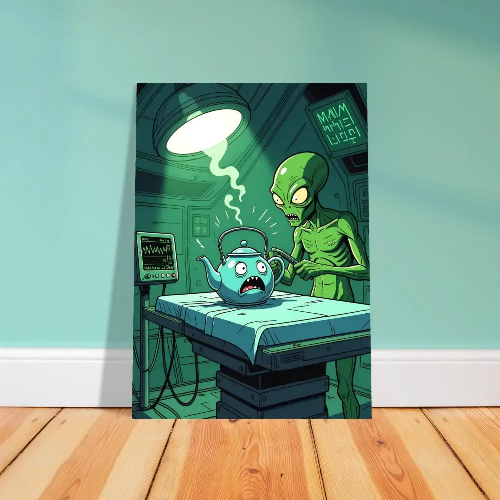 Cartoon alien performing a checkup on a teapot for Probe Protocol Poster PixiOnyx Fine Art Print