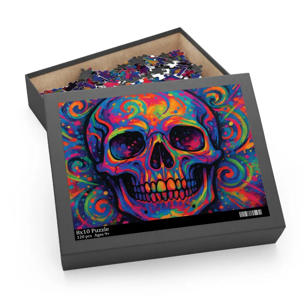 Colorful skull jigsaw puzzle in a box for Psychedelic Skull Jigsaw Puzzle PixiOnyx