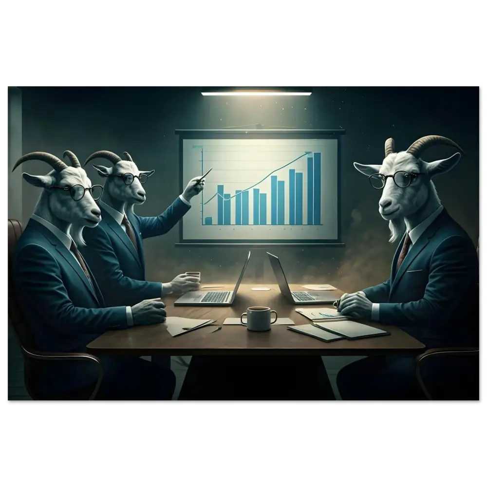 Goat executives analyzing a quarterly earnings report in a modern boardroom display