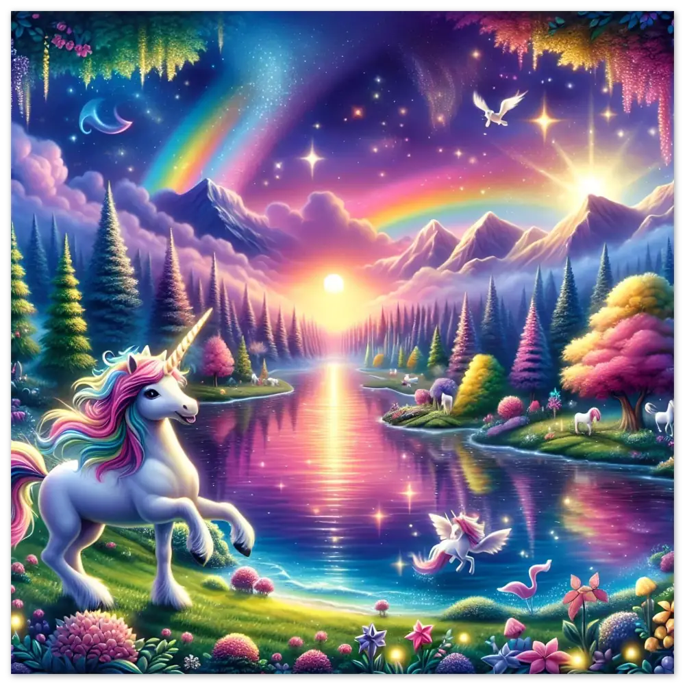 Colorful Magical Unicorn Landscape Aluminum Wall Art displayed in Rainbow Unicorn Dreamscape at PixiOnyx