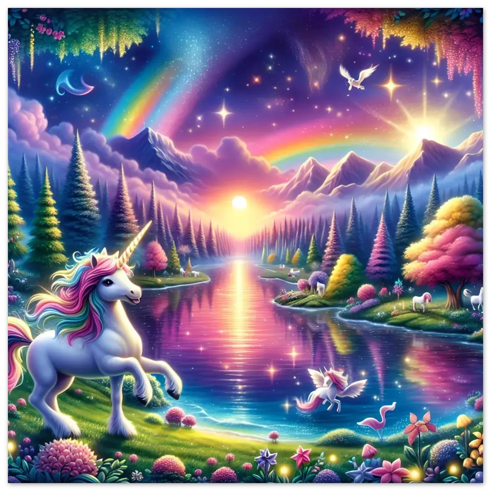 Whimsical unicorn fantasy landscape as aluminum wall art in Rainbow Unicorn Dreamscape PixiOnyx Exclusive