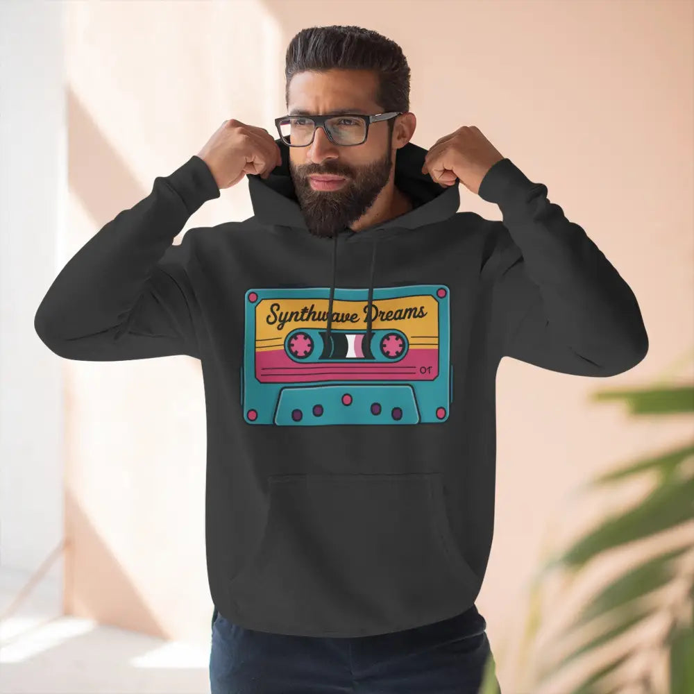 Men’s black hoodie with colorful Synthwave Dreams cassette graphic, machine washable max 30c