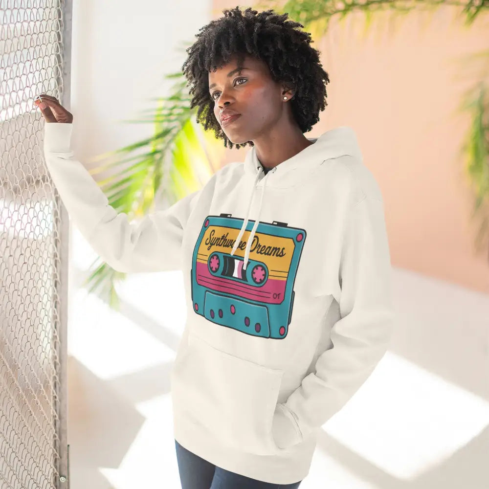 White hoodie with colorful cassette tape graphic, suitable for machine wash cold max 30c