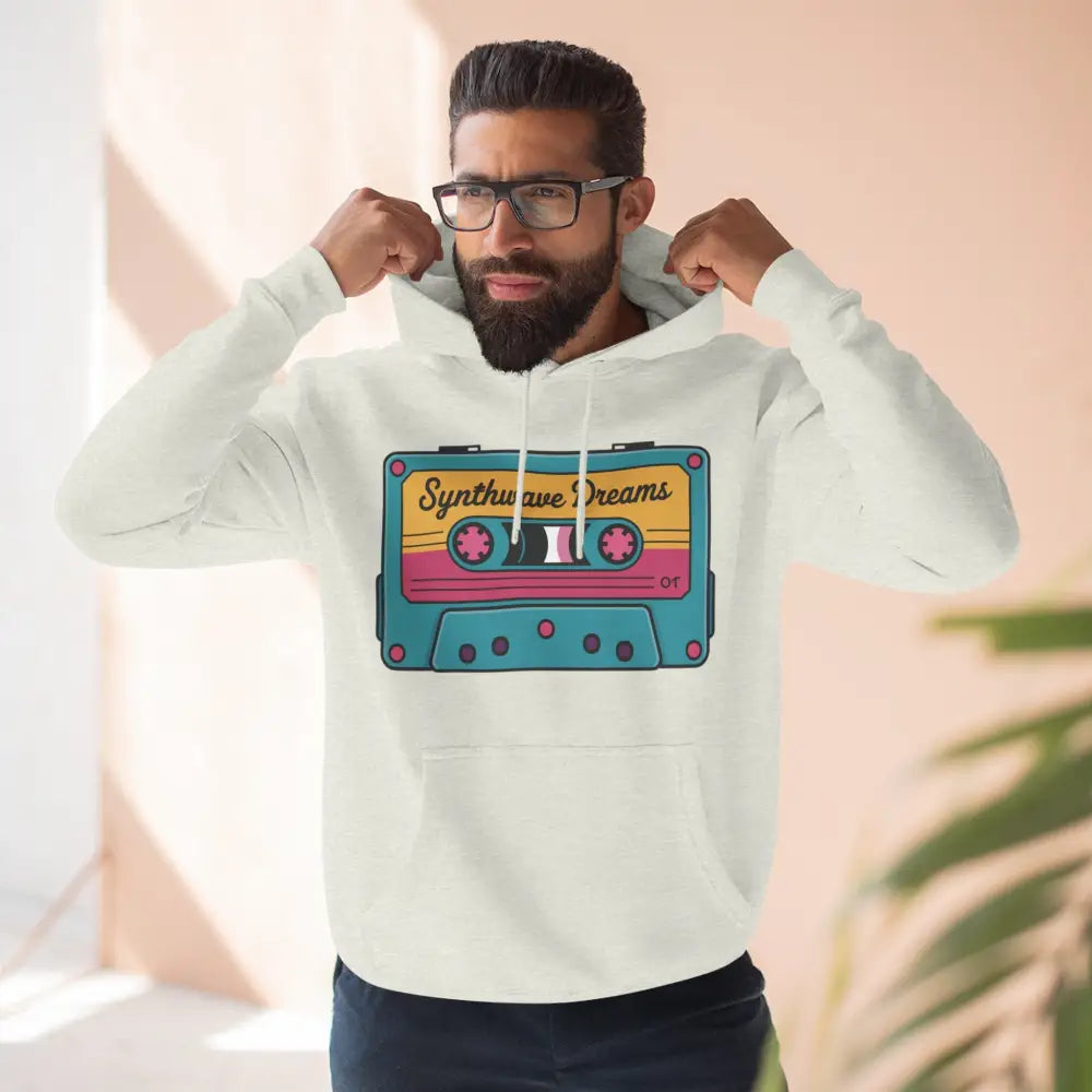 White hooded sweatshirt with colorful Synthwave Dreams cassette graphic, machine washable at max 30c