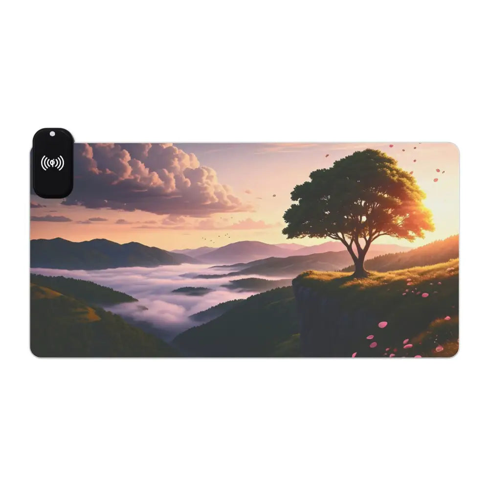 Wireless charging mousepad displaying a scenic landscape with RGB lighting on PixiOnyx Dreamscape Vibe