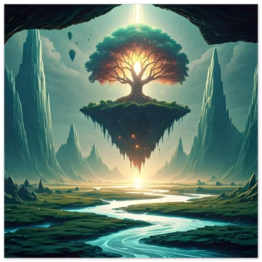 Floating island with radiant tree on Sanctuary of the Skyroot Aluminum Print by PixiOnyx